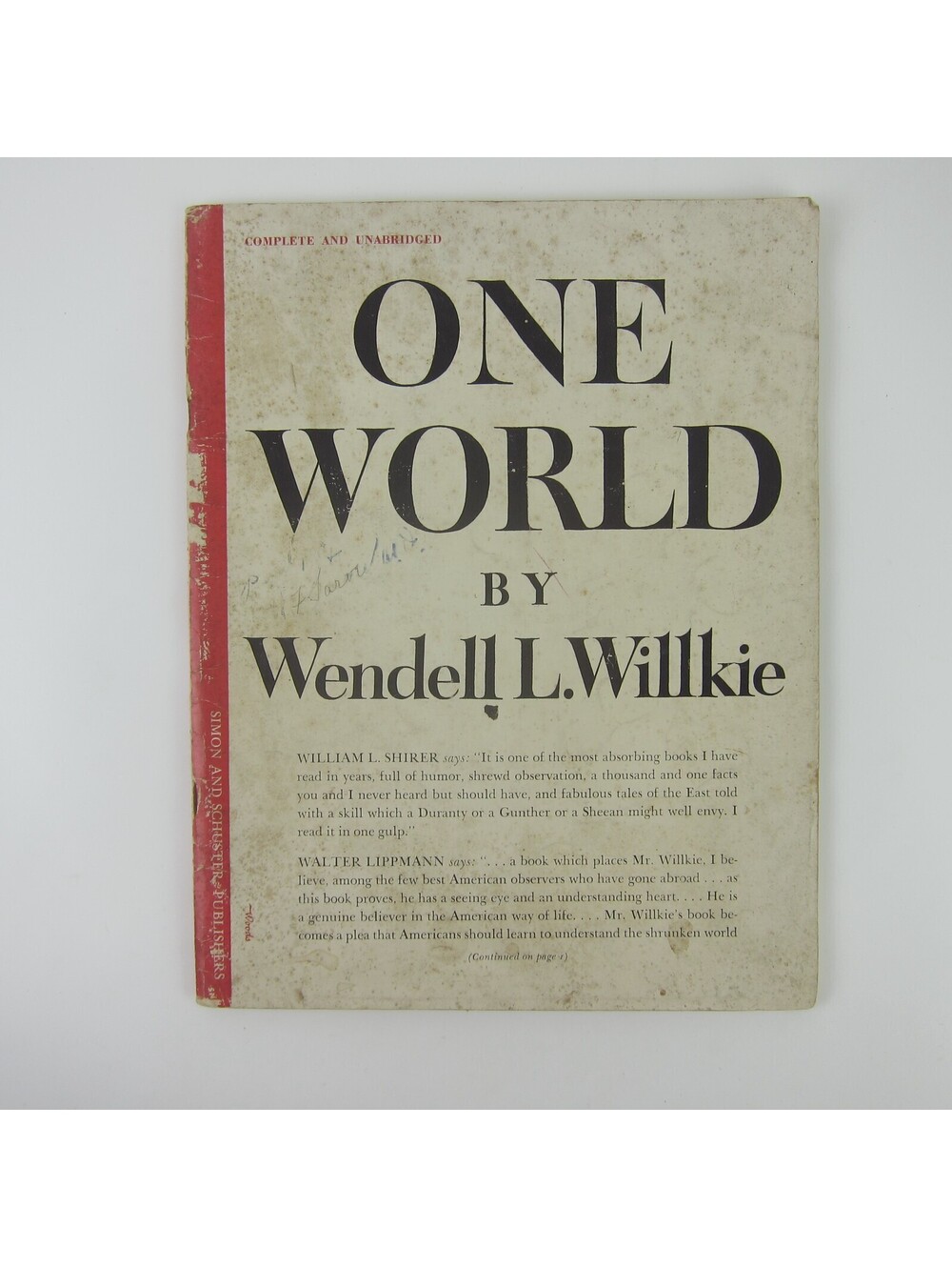 One World by Presidential Candidate Wendell L. Willkie Softcover Vintage 1943